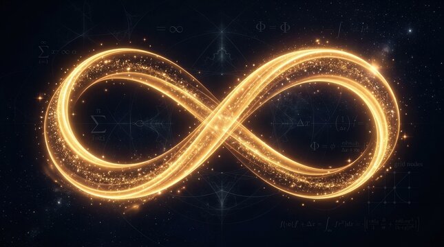 Golden light traces an infinite loop that glows warmly with subtle sparkles against a deep dark background. Mathematical concept,