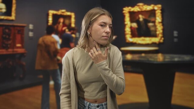 Young woman touching her ear with hand beside gilded framed painting and display table in building; quiet contemplation.
