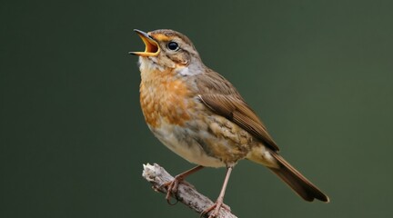 Obraz premium Small bird with orange chest perches on branch singing loudly. This wild animal has open beak, emitting sweet melody in natural habitat. Peaceful avian life, nature sound.