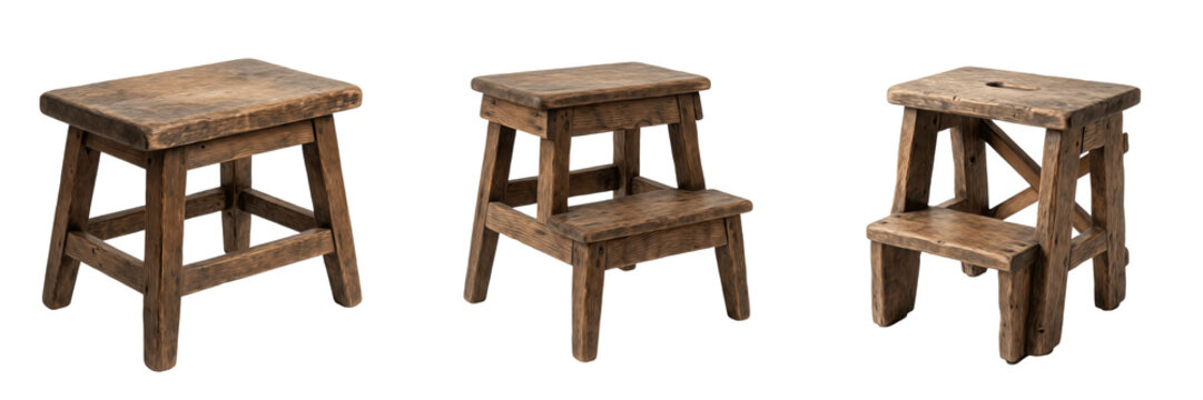 Set and collection of dark wood two step stool isolated on white background