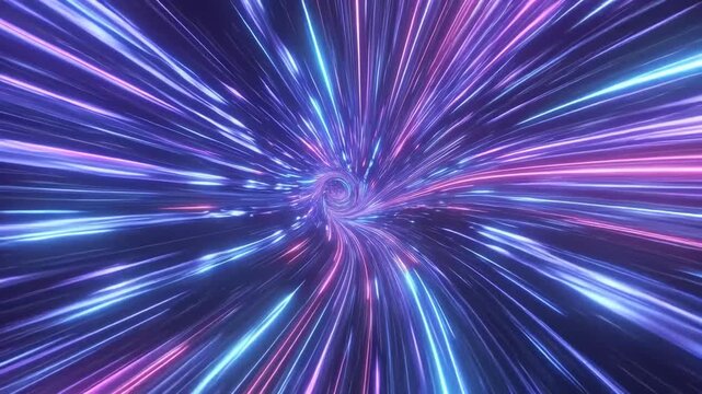 Bright neon light tunnel with abstract streak style on dark background, concept of speed and motion energy force