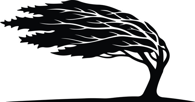 Silhouette design of a windblown tree on ground vector