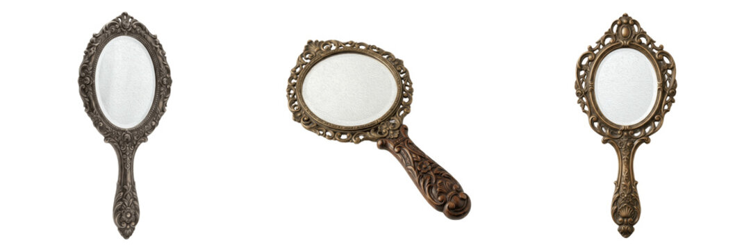 Set and collection of vintage bronze hand mirror isolated on white background