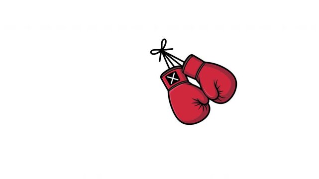 Cartoon red boxing gloves hanging on string animation with white background featuring dynamic movement and swinging motion.