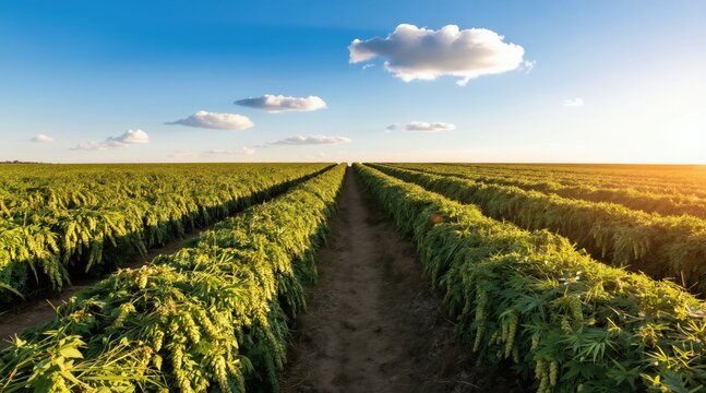 Vast green field with rows of plants ready for harvest under a blue sky. Sunlight casts a warm glow over the landscape creating a serene agricultural scene.