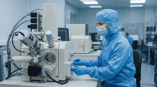 Medium shot of a scanning electron microscope operator adjusting highresolution imaging equipment to analyze wafer surface morphology and detect microscopic defects.