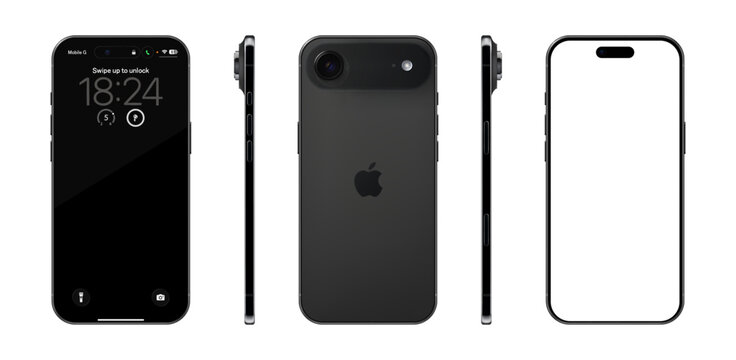 Photorealistic detailed Apple Iphone 17 Air Space Black mockup. Front, rear and side views isolated on transparent background. Vector editorial PNG