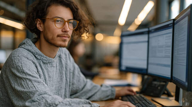 Claims processing automation engineer adjusts decision-tree parameters on a multi-monitor AI configuration desk inside a health insurance operations floor, real-time denial rate metrics updating acr