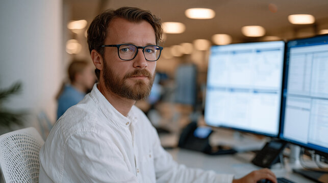 Claims processing automation engineer adjusts decision-tree parameters on a multi-monitor AI configuration desk inside a health insurance operations floor, real-time denial rate metrics updating acr