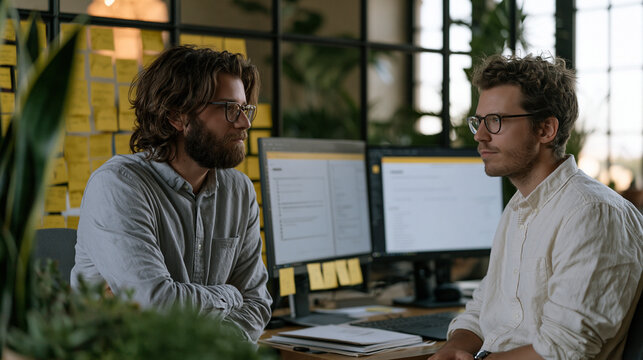 AI agronomy chatbot development sprint, two software engineers at standing desks reviewing conversational UI wireframes on monitors, sticky notes covering glass partition, agricultural dataset folde