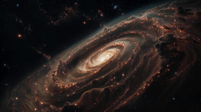 A luminous spiral galaxy with glowing nebula details in cosmic art style on a dark starfield background, symbolizing wonder