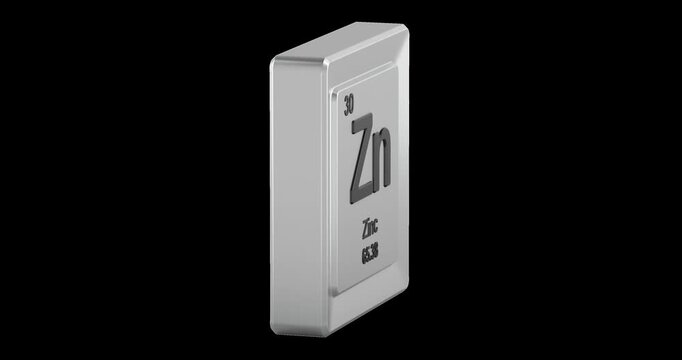 Zinc periodic table element tile rotation animation seamlessly loopable. 3D rendering isolated on transparent background