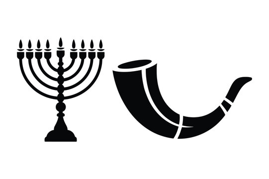 Menorah and shofar silhouette with hanukkah religion ceremony traditional