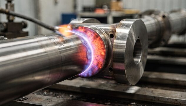 Medium shot of localized heat treatment on a pump shaft featuring a concentrated flame applied to a specific section illustrating targeted hardening for enhanced durability.