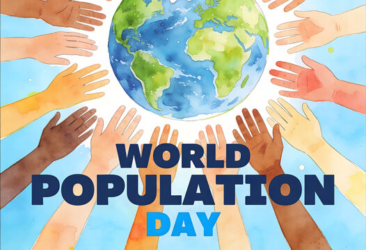 World population day concept with diverse hands reaching for globe and text.