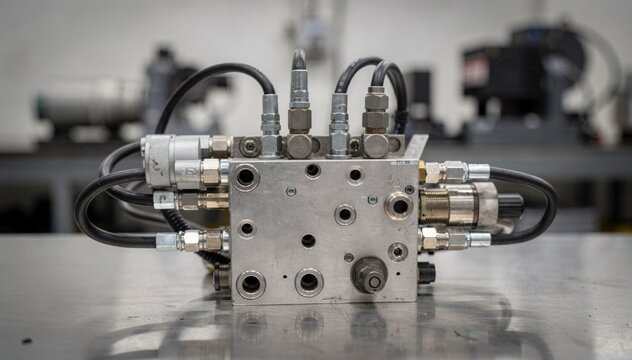Medium shot of a blockmounted hydraulic manifold with actuators showcasing precise mechanical assembly in an industrial setting.
