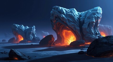 Fototapeta premium Alien landscape with ice rock formations and glowing lava insides. Dark night sky above strange rocky ground. Otherworldly terrain under cosmic atmosphere.