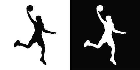Dynamic silhouette of a basketball player dribbling. Black and white action poses capturing movement and athleticism. Perfect for sports apparel branding and basketball tournament graphics. © bibin