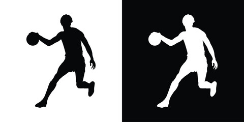 Dynamic silhouette of a basketball player dribbling. Black and white action poses capturing movement and athleticism. Perfect for sports apparel branding and basketball tournament graphics. © bibin