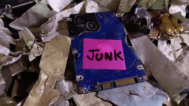 Person's hand sticking a pink junk note to a damaged hard drive on shredded aluminum metal. AI synthetic data generation, e-waste recycling, system failure, broken and outdated equipment concepts.