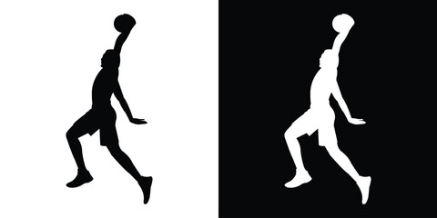 Dynamic silhouette of a basketball player dribbling. Black and white action poses capturing movement and athleticism. Perfect for sports apparel branding and basketball tournament graphics. © bibin