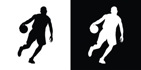 Dynamic silhouette of a basketball player dribbling. Black and white action poses capturing movement and athleticism. Perfect for sports apparel branding and basketball tournament graphics. © bibin