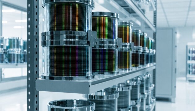 Medium shot of an ISO5 cleanroom wafer storage area showing precise organization of wafer carriers under stringent contamination control.