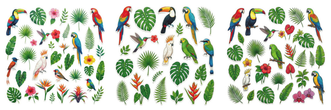 Set and collection of tropical parrot and jungle leaves pattern isolated on white background