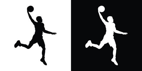 Dynamic silhouette of a basketball player dribbling. Black and white action poses capturing movement and athleticism. Perfect for sports apparel branding and basketball tournament graphics. © bibin