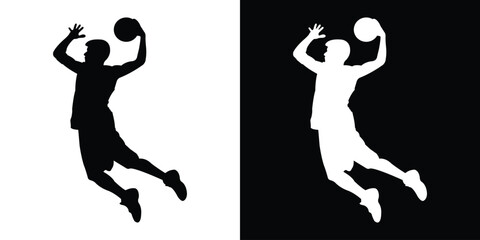 Dynamic silhouette of a basketball player dribbling. Black and white action poses capturing movement and athleticism. Perfect for sports apparel branding and basketball tournament graphics. © bibin