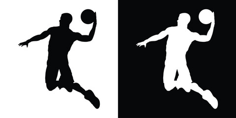 Dynamic silhouette of a basketball player dribbling. Black and white action poses capturing movement and athleticism. Perfect for sports apparel branding and basketball tournament graphics. © bibin
