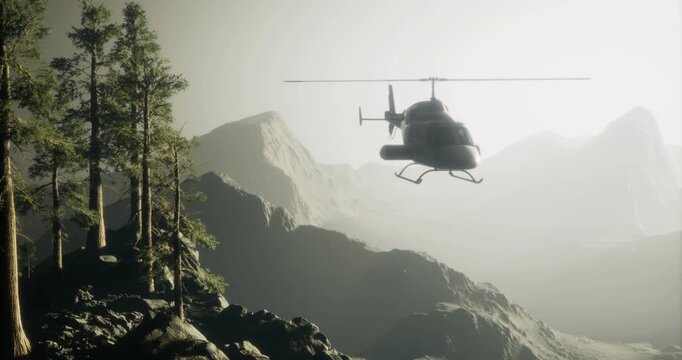 A helicopter hovers above rugged mountains, surrounded by tall trees and a misty atmosphere. The faint light casts shadows on the rocky landscape, creating a mysterious ambiance.