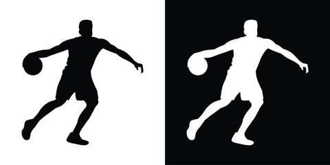 Dynamic silhouette of a basketball player dribbling. Black and white action poses capturing movement and athleticism. Perfect for sports apparel branding and basketball tournament graphics. © bibin