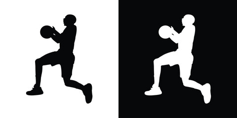 Dynamic silhouette of a basketball player dribbling. Black and white action poses capturing movement and athleticism. Perfect for sports apparel branding and basketball tournament graphics. © bibin