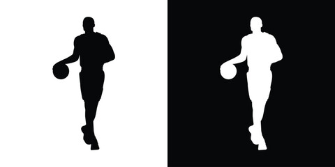 Dynamic silhouette of a basketball player dribbling. Black and white action poses capturing movement and athleticism. Perfect for sports apparel branding and basketball tournament graphics. © bibin