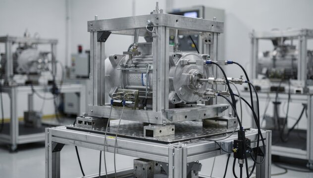Medium shot focused on vibration testing procedures where finished equipment is evaluated on a test stand to detect mechanical stability and response to stress factors.