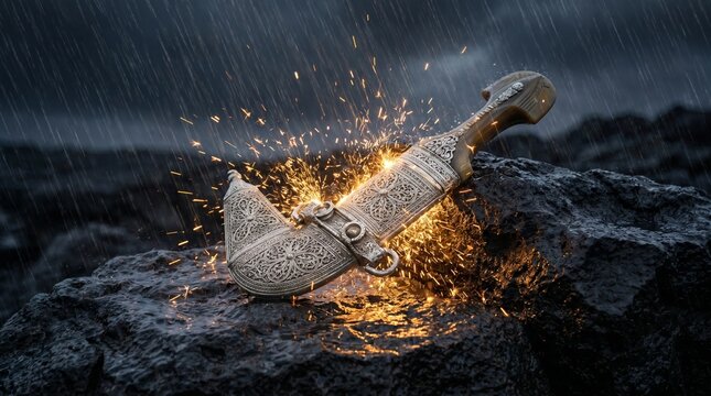 An Omani Khanjar resting on dark stone where falling rain turns to golden sparks before impact, symbolizing resilience and an invincible soul.