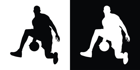 Dynamic silhouette of a basketball player dribbling. Black and white action poses capturing movement and athleticism. Perfect for sports apparel branding and basketball tournament graphics. © bibin
