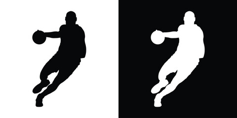 Dynamic silhouette of a basketball player dribbling. Black and white action poses capturing movement and athleticism. Perfect for sports apparel branding and basketball tournament graphics. © bibin