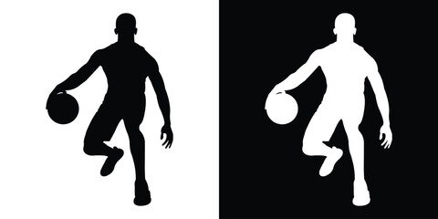 Dynamic silhouette of a basketball player dribbling. Black and white action poses capturing movement and athleticism. Perfect for sports apparel branding and basketball tournament graphics. © bibin