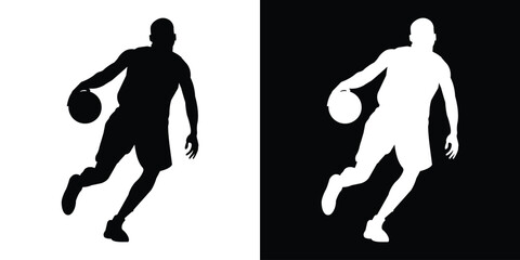 Dynamic silhouette of a basketball player dribbling. Black and white action poses capturing movement and athleticism. Perfect for sports apparel branding and basketball tournament graphics. © bibin