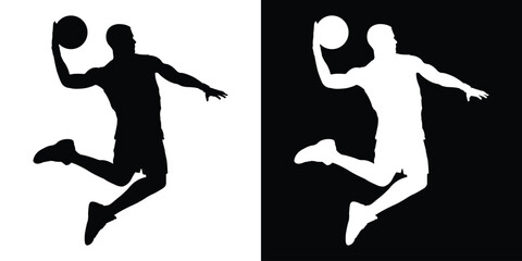 Dynamic silhouette of a basketball player dribbling. Black and white action poses capturing movement and athleticism. Perfect for sports apparel branding and basketball tournament graphics. © bibin