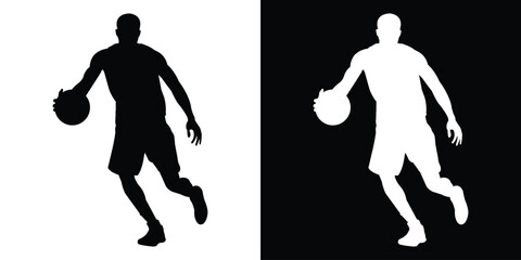 Dynamic silhouette of a basketball player dribbling. Black and white action poses capturing movement and athleticism. Perfect for sports apparel branding and basketball tournament graphics. © bibin