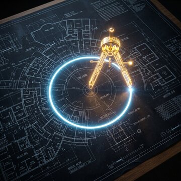 A glowing golden drafting compass autonomously drawing a perfect circle on a dark blueprint, representing Gilbert's Law and taking extreme ownership.