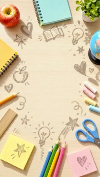School supplies arranged on classroom desk with apple, globe and thank you note for teachers