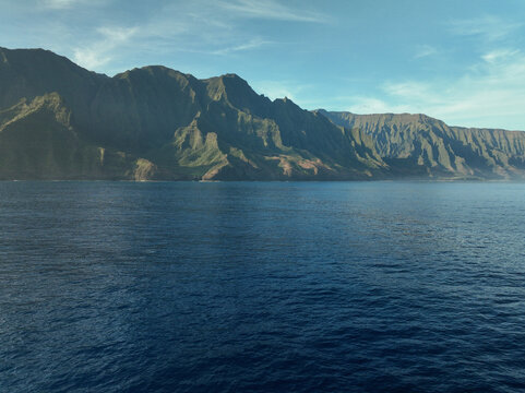 The beautiful Na Pali coast seen from the ocean in Kauai, Hawaii