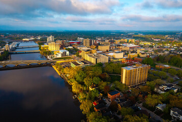 Aerial Downtown Rockford Along the Rock River