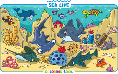 Naklejka premium Sea theme. Big coloring book set. Kids vector