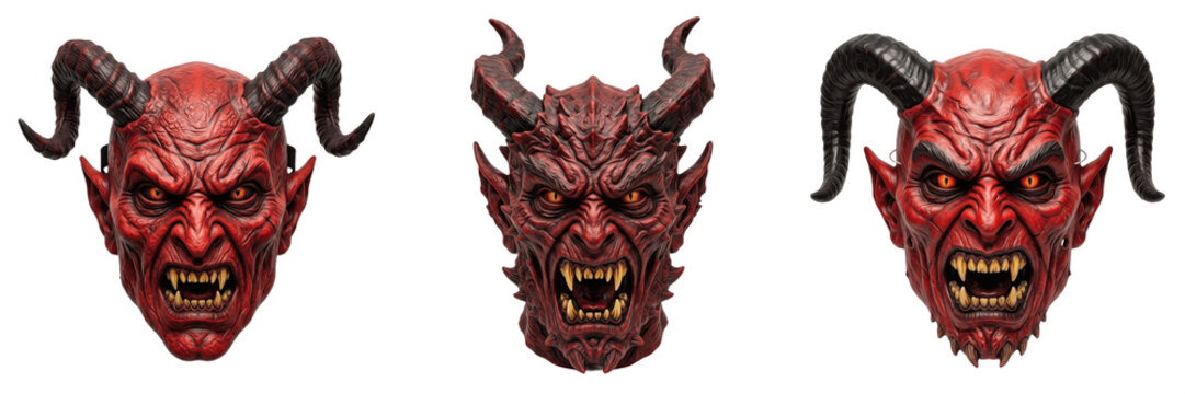 Set and collection of red demon or devil mask isolated on white background