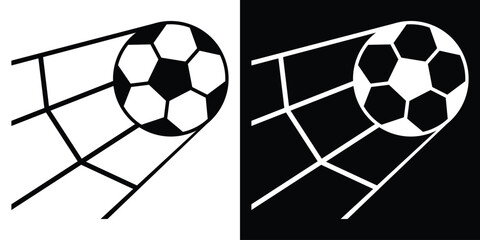 Soccer ball hitting the back of the net. Black and white graphic illustrating a goal moment. Perspective view of a successful strike for sports news, blogs, and football competition design. © bibin